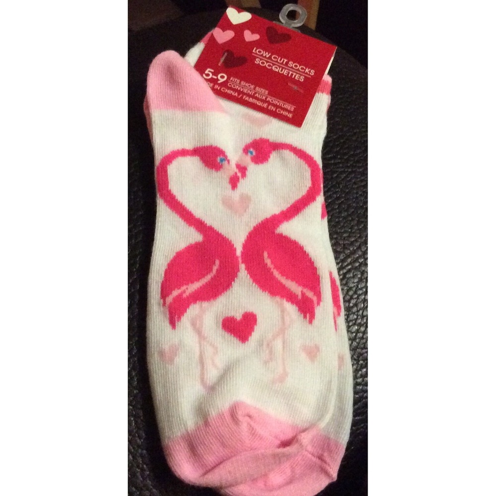 Womens 5-9 Low Cut Socks White Pink Flamingo Heart New